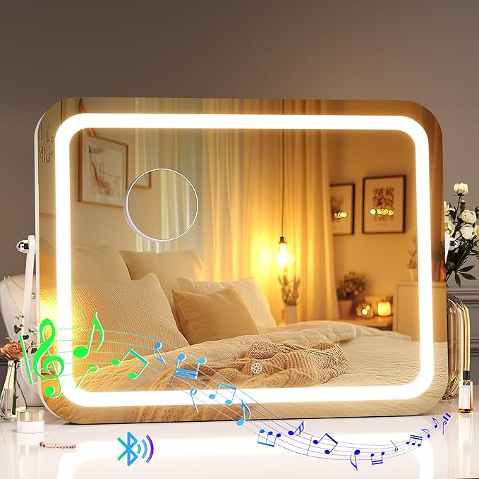 Hasipu LED Makeup Mirror with Bluetooth Speaker, 14" x 10" Wide-Screen Vanity Mirror with Lights, 3 Modes Light, Smart Touch Control Dimmable, Rectangle White Frame