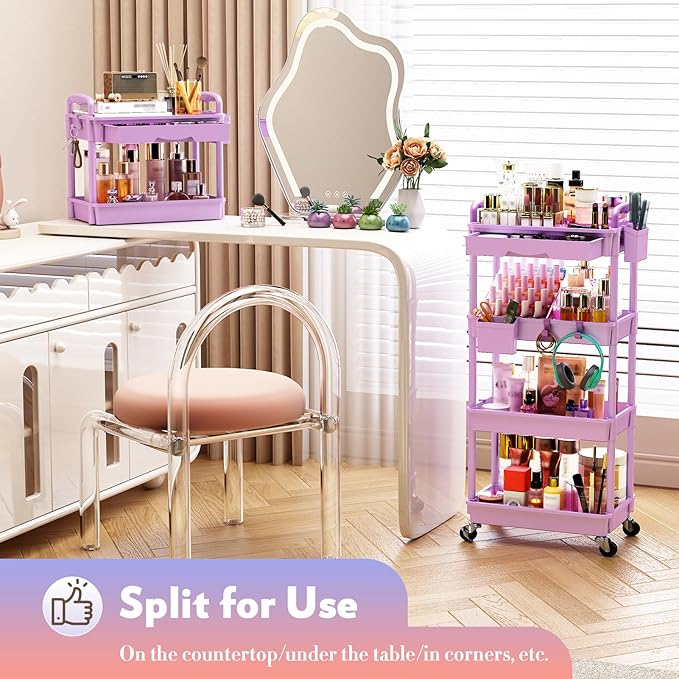 Makeup Cart Organizer with Drawers, 4 Tier Floor Skincare Organizers for Vanity, Rolling Makeup Bathroom Storage Cart Cosmetics Display Cases for Skin Care Perfume Nail Polish, Purple