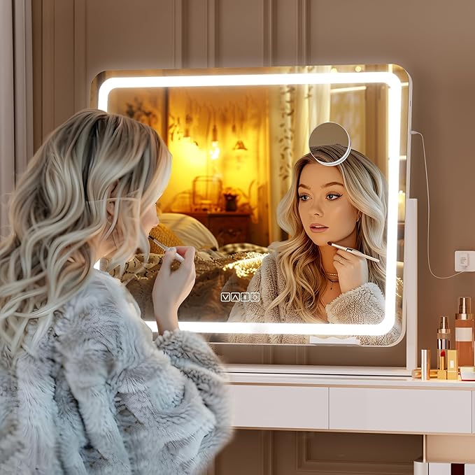 Hasipu Vanity Mirror with Lights and Bluetooth Speaker, 23.6" x 19.7" LED Makeup Mirror, Light up Mirror with 10X Magnification, USB Charging Port, Smart Touch 3 Colors Dimmable (White)