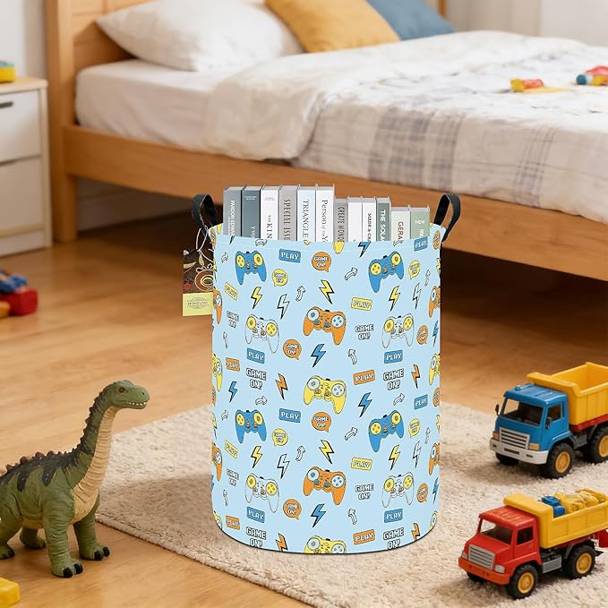 HUNRUNG Laundry Hamper,Large Canvas Fabric Lightweight Storage Basket Toy Organizer Dirty Clothes Collapsible Waterproof for College Dorms(Round-Color Game)