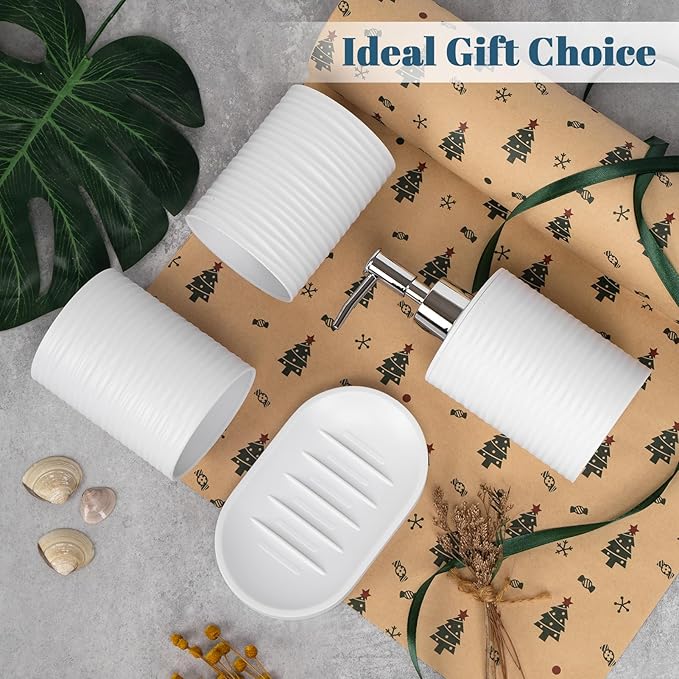 Plastic Bathroom Accessories Set 4Pcs, White Bathroom Accessory Set Includes Liquid Soap Dispenser with Rust-Proof Plastic Pump, 2Pcs Bathroom Cup, Soap Dish for Modern Home Apartment