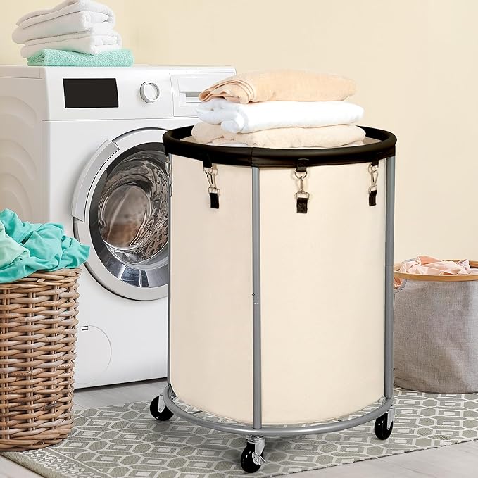 STO STO Rolling Laundry Hamper with Wheels – 185L (48 Gallon) Extra Large Industrial Clothes Laundry Basket with Removable Bag, Round Cart Sorter for Bedroom, Hotel, Beige & Brown