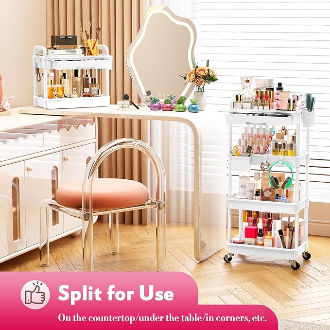 Makeup Cart Organizer with Drawers, 4 Tier Floor Skincare Organizers for Vanity, Rolling Makeup Bathroom Storage Cart Cosmetics Display Cases for Skin Care Perfume Nail Polish, White