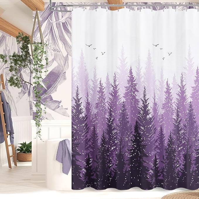Hokibero Purple Misty Forest Mountain Nature Tree Fabric Shower Curtains for Bathroom Waterproof Heavy Duty Navy Blue and White Woohitedland Shower Curtain Bathtubs Hotel, 72 x 72 inch