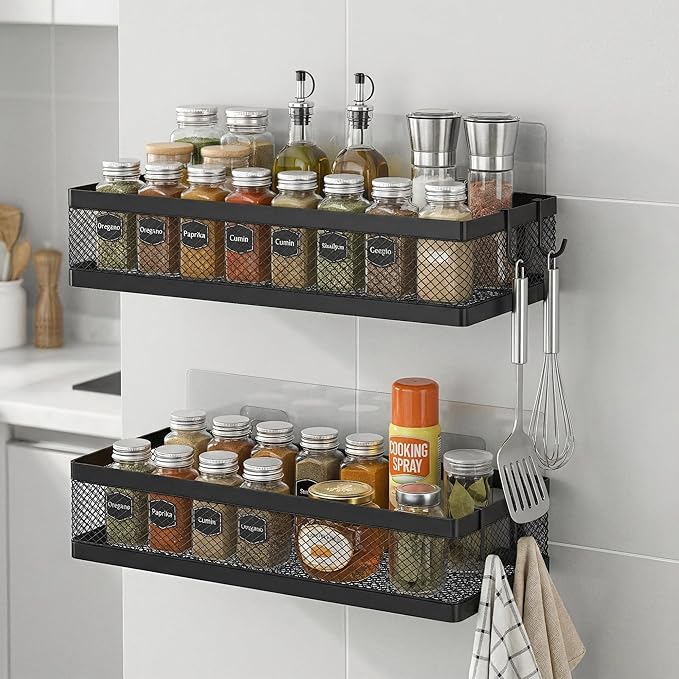 PUSDON Hanging Storage Baskets Organizer Wall Mount, Metal Wire Storage Bin Rack for Kitchen Bathroom Shower Spice Shelf Home Decor Essentials Black-2 Packs (Netting)