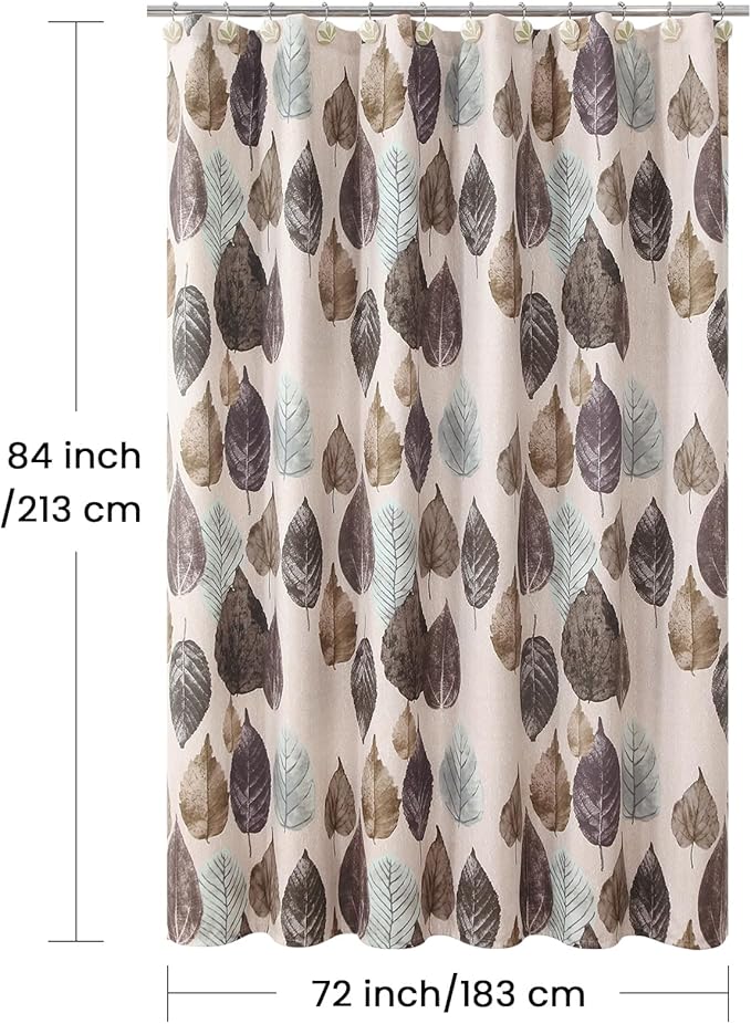 Extra Long Beige Shower Curtain 72x84 Inches, Waterproof Linen-Tone Fabric with Realistic Brown & Green Leaf Print, 12 Metal Grommets & Weighted Hem