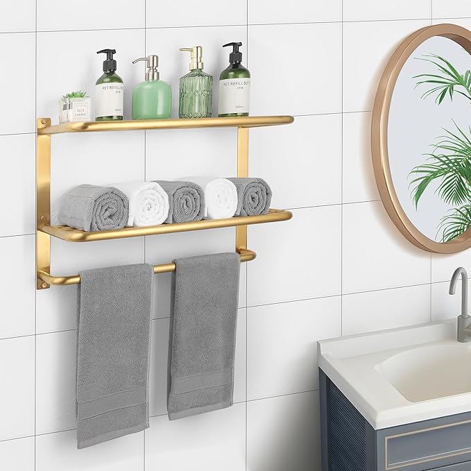 Towel Rack for Bathroom, DEWVIE 23 Inch Tower Holder with Tower Bars, SUS 304 Stainless Steel Lavatory Bath Towel Shelf Towel Hanger Wall Mount, 3-Tier (Brushed Gold)