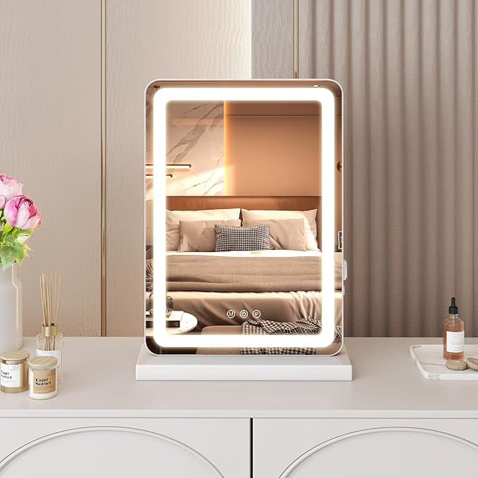 OLIXIS 17"x13" Lighted Vanity Mirror with Lights, Dimmable 3 Color Modes Makeup Mirror with Memory Function, USB Charging, Aluminum Frame, Lighted Mirror for Desk or Bedroom