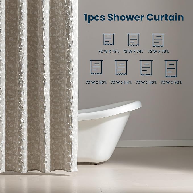 SLEEP ZONE Farmhouse Jacquard Shower Curtain, Textured Fabric Shower Curtains Leaf Curtain for Modern Home Decorations Bathroom, 72" × 98" Beige Leaf