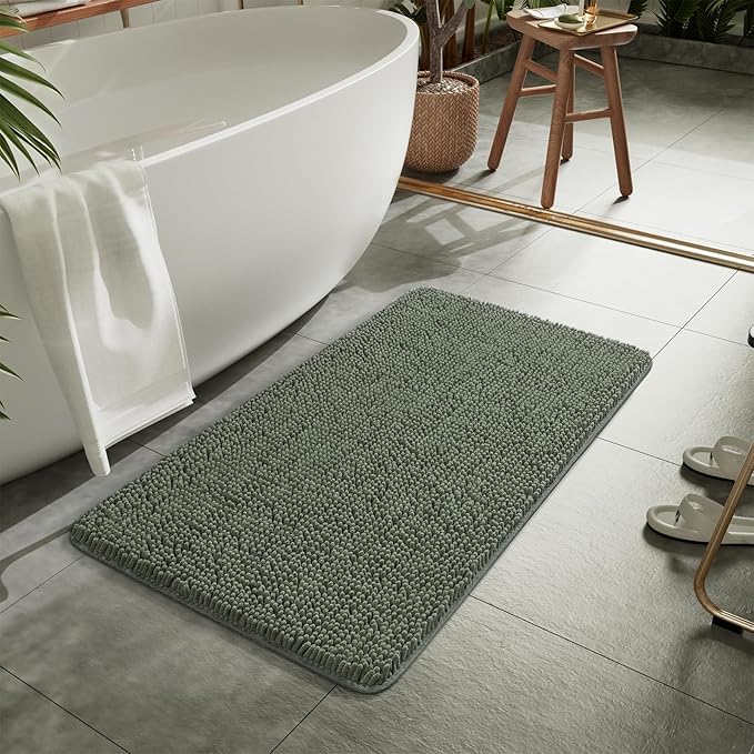 LOCHAS Luxury Bathroom Rug Shaggy Bath Mat 24 x 48 Inch, Washable Non Slip Bath Rugs for Bathroom Shower, Soft Plush Chenille Absorbent Carpets Mats, Sage Green