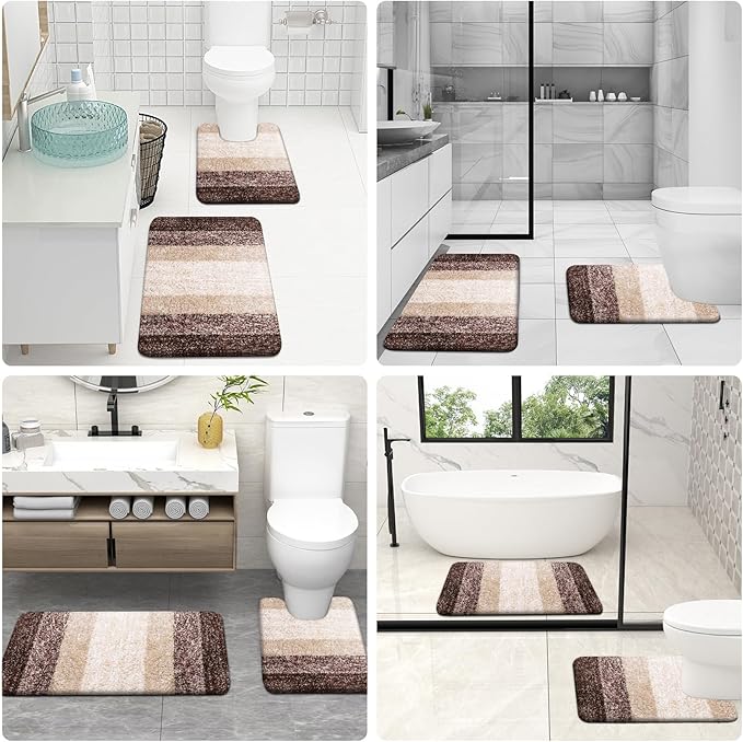 OLANLY Bathroom Rugs Sets 3 Piece, Soft Absorbent Microfiber Bath Mats and U-Shaped Contour Toilet Rug, Plush Shaggy Bath Mat Set for Bathroom (36"x24"+24"x16"+24"x20", Brown)