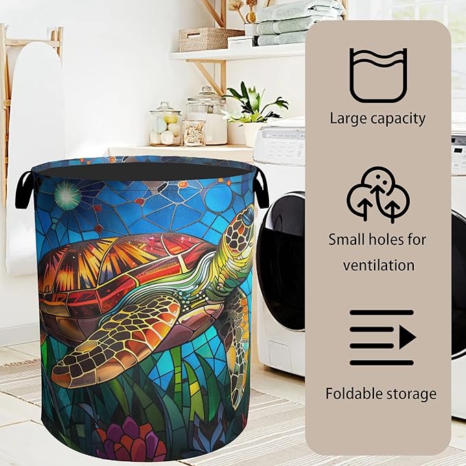 Sea Turtle Foldable Canvas Laundry Basket with Handles - Toy Organizer, Heavy Duty for Home,Bedroom, Dorm, Bathroom