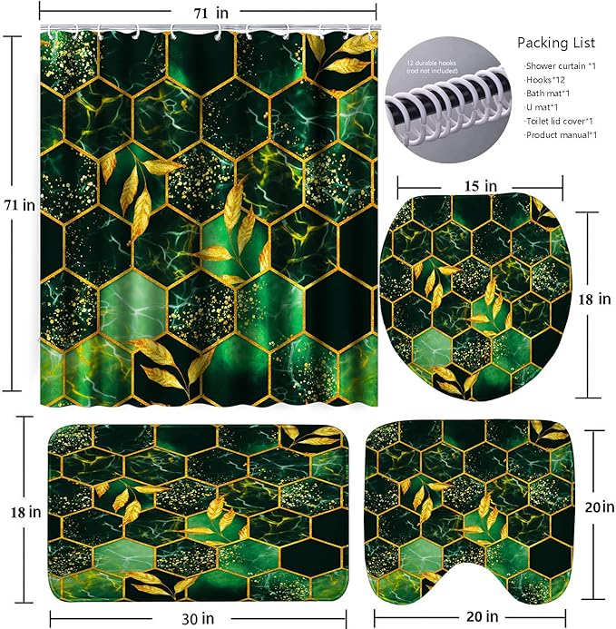 Poedist 4 Pcs Bathroom Shower Curtain Set,Green Honeycomb Marble Bathroom Sets with Rugs(Bath Mat,U Shape and Toilet Lid Cover Mat) and 12 Durable Hooks