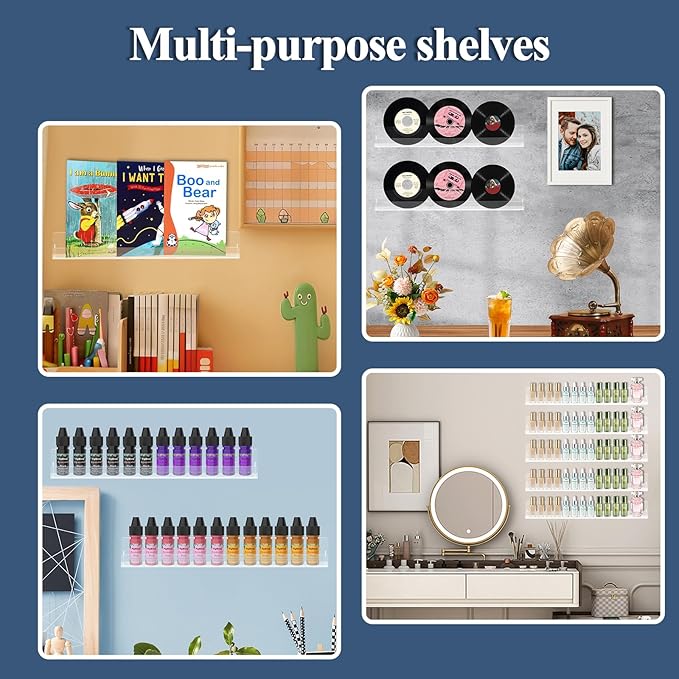 6 Pack Black Nail Polish Wall Rack 15 Inch Acrylic Floating Display Shelves with Anti-slip End Guards for Tattoo Ink Essential Oils Figurine Display Spice Rack Kids Bookshelf for Salons Retailers Home