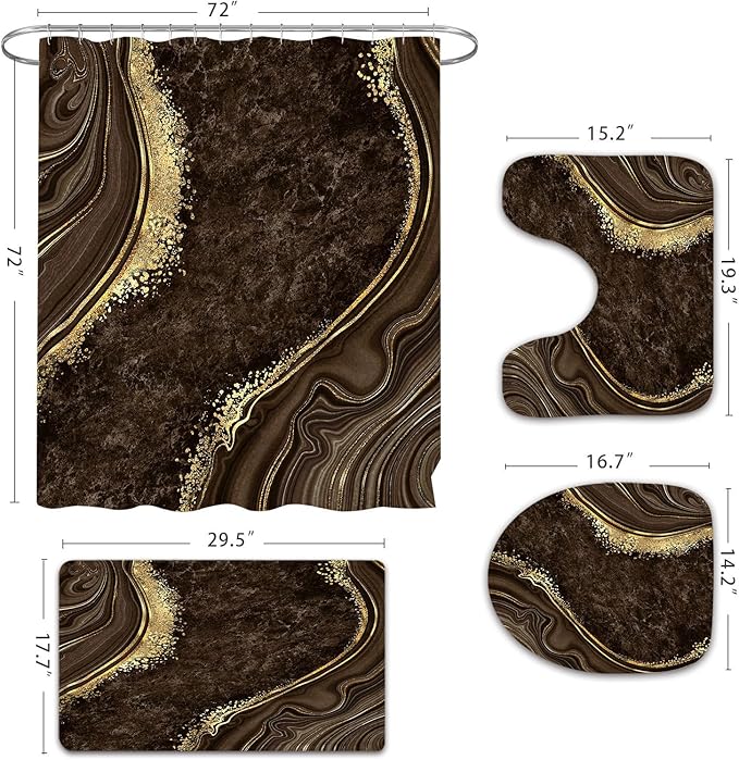 Gibelle 4 Pcs Luxury Marble Shower Curtain Set with Non-Slip Rugs, Toilet Lid Cover and Bath Mat, Gold Foil Brown Bathroom Decor Set with Shower Curtain and Rugs and Accessories