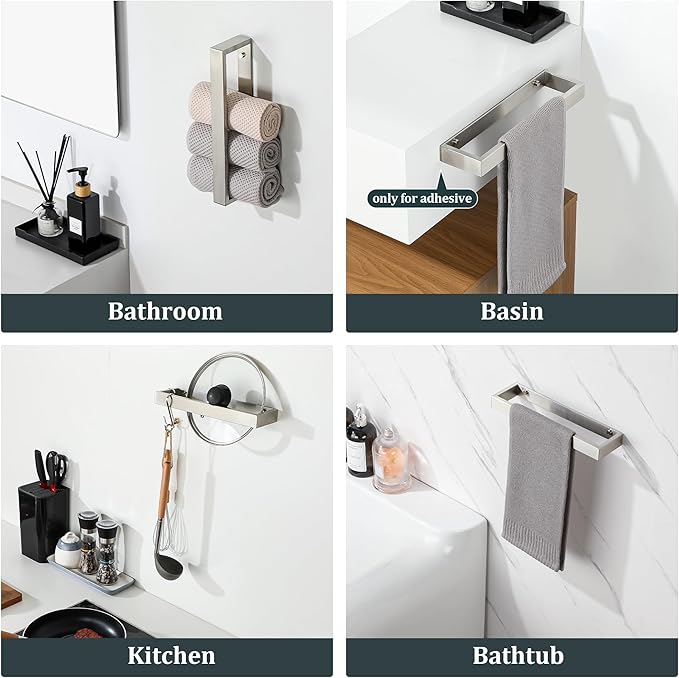 Sayayo Brushed Nickel Towel Bar for Bathroom, 12 Inch Hand Towel Holder Wall Mount, Screw or Self Adhesive Towel Ring Square SUS304 Stainless Steel, 3.2 Inch Wide