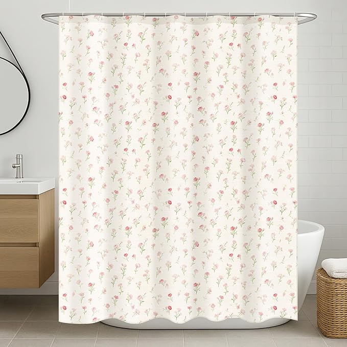 Boao Floral Shower Curtain Linen Farmhouse Cottagecore Spring Shower Curtain Boho Rustic Wildflowers Water Repellent for Bathroom Farmhouse 72" W x 72" L(Pink Flower)