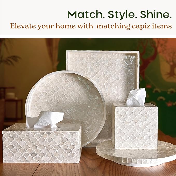 CHI AN HOME 5.8โ Capiz Tissue Box Cover, Square Decorative Tissue Holder with Bottom Slider, Handmade Bathroom Accessories, Elegant White Cube for Vanity, Bedroom, Office & Coastal Dรฉcor (Natural)