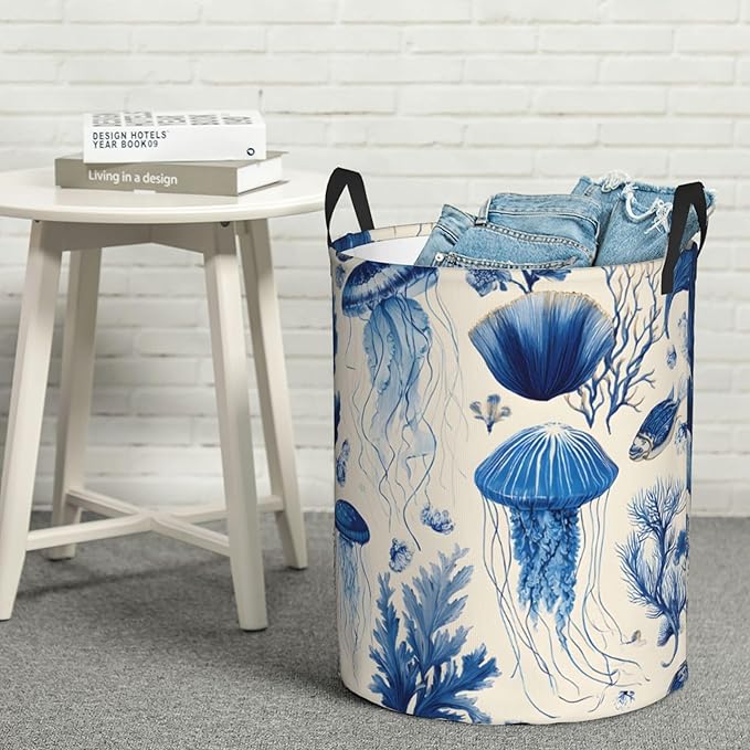 Blue Jellyfish Pattern Laundry Hamper, Collapsible Storage Basket with Handles for Clothes, Bedroom, Bathroom 19.6 x15.7 Inch