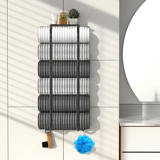 Towel Racks for Bathroom, Curved Bathroom Towel Storage Wall Mounted 30 inch with Shelf Can Holds 6 Large Towels, Wall Towel Rack for Rolled Towels, Black