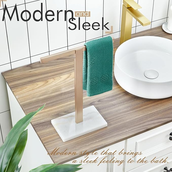 KOKOSIRI Hand Towel Holder Stand Towel Rack with Marble Base for Bathroom Kitchen Vanity Countertop, Champagne Bronze Stainless Steel 15.7'' Height THS0002-SM-CPG