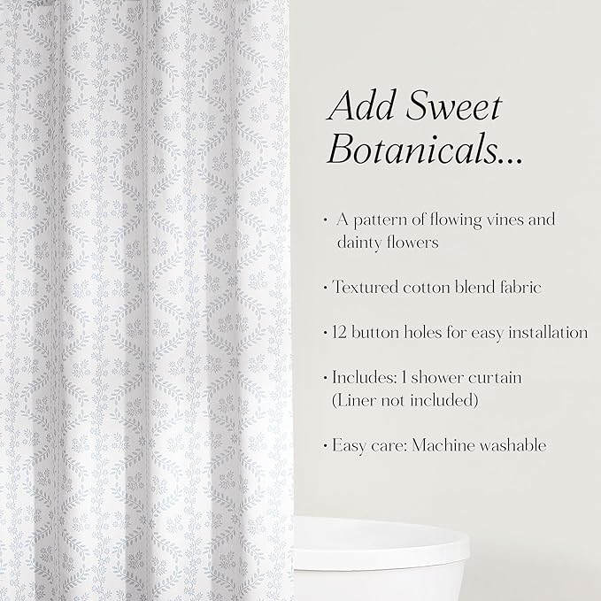 Lush Decor Doreen Delicate Floral Linen Textured Shower Curtain Single 72" W x 72" L Blue - Floral Shower Curtains for Bathroom - Bathroom Curtain