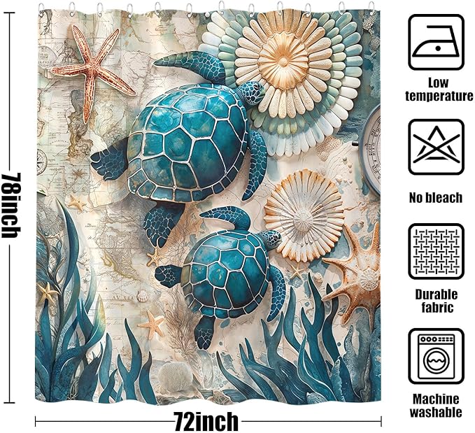Accnicc 78 Inch Long Nautical Sea Turtle Shower Curtain Vintage Ocean Teal Blue Turtles Seashell Starfish Shower Curtains for Bathroom 3D Retro Map Beach Coastal Waterproof Fabric Bath Curtain Decor
