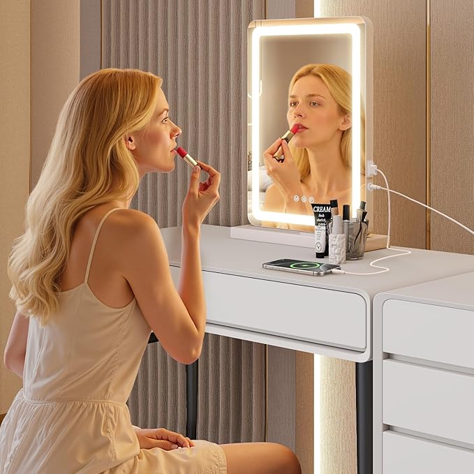 NEWBULIG 18"x13" LED Vanity Mirror with Lights, Lighted Smart Tabletop Makeup Mirrors for Desk, Touch Control Dimmable Brightness, 3 Color Lighting Modes
