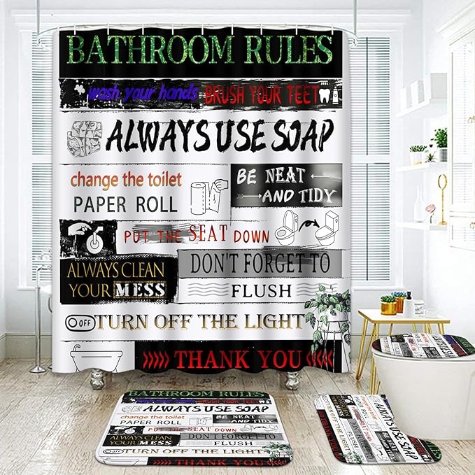 Britimes 4 Piece Shower Curtain Sets with 12 Hooks, Letter Rules Pattern Funny Teen Boy Girl Cute Colorful with Non-Slip Rugs, Toilet Lid Cover and Bath Mat for Bathroom Decor Set 72" x 72"