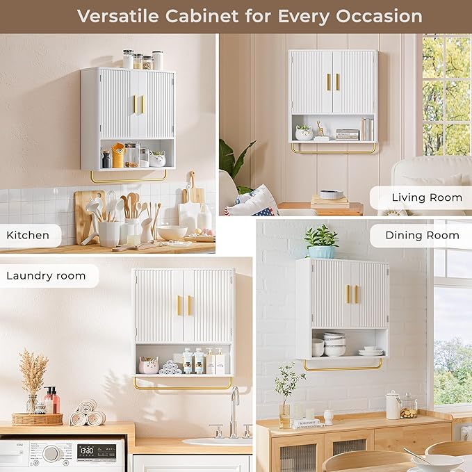 Memobarco Bathroom Cabinet Wall Mount with Fluted Door Panel & Adjustable Shelf, Medicine Cabinet with Open Partition and Towel Bar, Wall Storage Cabinet for Laundry Room & Kitchen (White)
