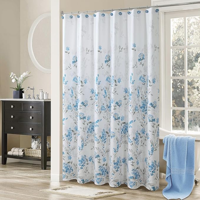Blue Gray Floral Fabric Shower Curtain, Watercolor Flower Plant Shower Curtain, Waterproof Decorative Boho Botanical Bathroom Curtains, 72" W x 72" H