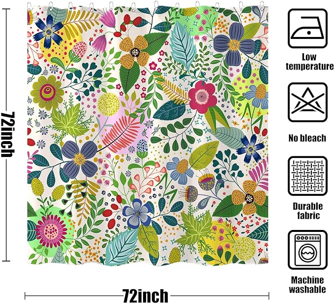 Aipon Colorful Floral Shower Curtain Boho Flower Green Leaf Shower Curtains for Bathroom Spring Wildflower Botanical Plant Bohemian Waterproof Fabric Bath Curtain Decor 72 X 72 Inches