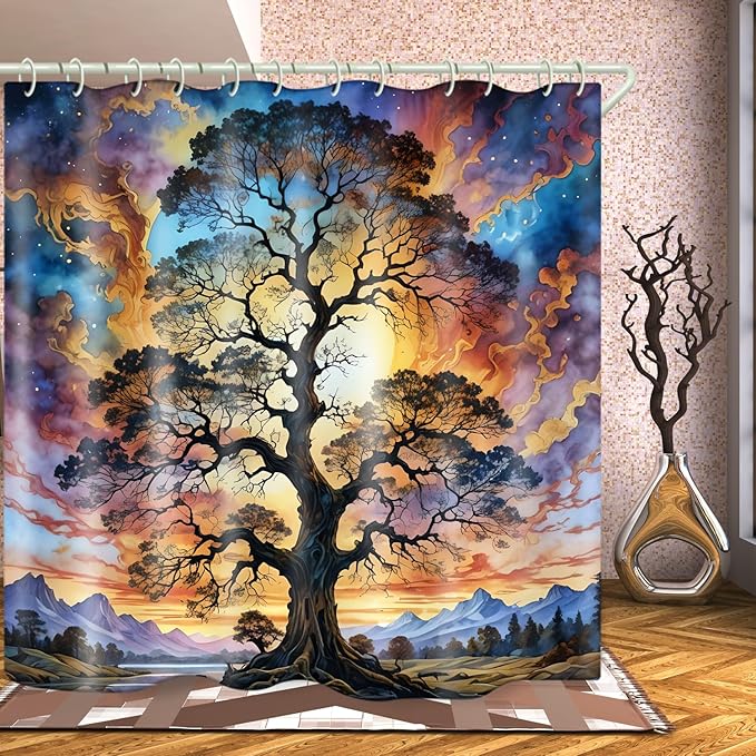 Shower Curtains Life Tree Theme, Colorful Bright Sky Brings A Unique Artistic Atmosphere to The Bathroom, 72x79 Inch Fabric Shower Curtain with 12 Hooks.