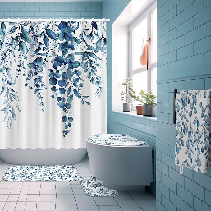 Tatuo 8 Pcs Blue Eucalyptus Shower Curtain Set Blue Eucalyptus Theme Bathroom Accessories Sets Decor Nautical Coastal Waterproof Shower Curtain with Towels Carpet Bath Mat Toilet Rugs and 12 Hooks