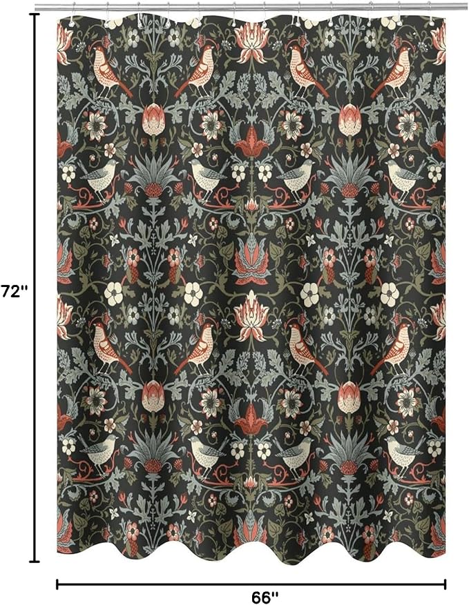 Boho Shower Curtain William Morris Art Print Retro Bird Plant Natural Flower Pattern Print Shower Curtains 66""×72"" Inch, Style-2