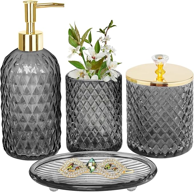 Jenseits Gray Bathroom Accessories Set, 4 Pcs Glass Bathroom Accessory Sets