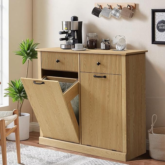 Double Tilt Out Laundry Hamper Cabinet, Modern Fluted Trash Can Cabinets with Drawer, Wooden 22 Gallon Hidden Garbage Cabinet with Storage Baskets for Kitchen Bathroom(Natural Oak, Full)