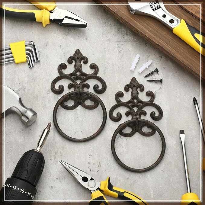 2 Pcs Dark Rust Vintage Cast Iron Solid Towel Ring Fleur De Lis Design Antique Towel Holder for Bathroom Kitchen Accessories Wall Mounted Christmas Party Gifts