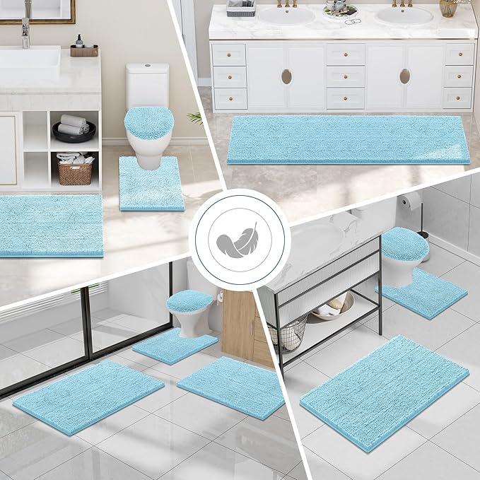 Smiry Luxury Chenille Bathroom Rugs 47x24, Extra Soft and Absorbent Shaggy Bath Mat, Machine Washable, Non-Slip Plush Carpet Runner for Tub, Shower, and Floor, Home Decor Accessories, Sky Blue