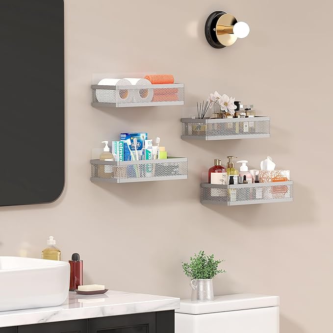 PUSDON Mesh Shower Caddy Wall Mount, Heavy Duty Adhesive Bathroom Shelf Organizer, Rustproof Floating Spice Rack for Kitchen Pantry, Holds 50 LBS, Multi-Purpose Storage Silver Gray -2 Packs (Netting)