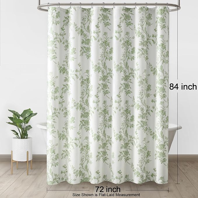 Sage Green Floral Shower Curtain,Vintage Cotton Cottagecore Shower Curtains for Bathroom, 72" W x 84" L
