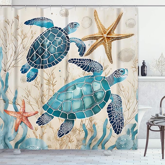 4 Piece Shower Curtain Set, Ocean Coral Sea Turtle Waterproof Bathroom Set Accessories with Non-Slip Rugs, Toilet Lid Cover Bath Mat and 12 Hooks, Blue Shell Animal Home Decor 72" x 72"