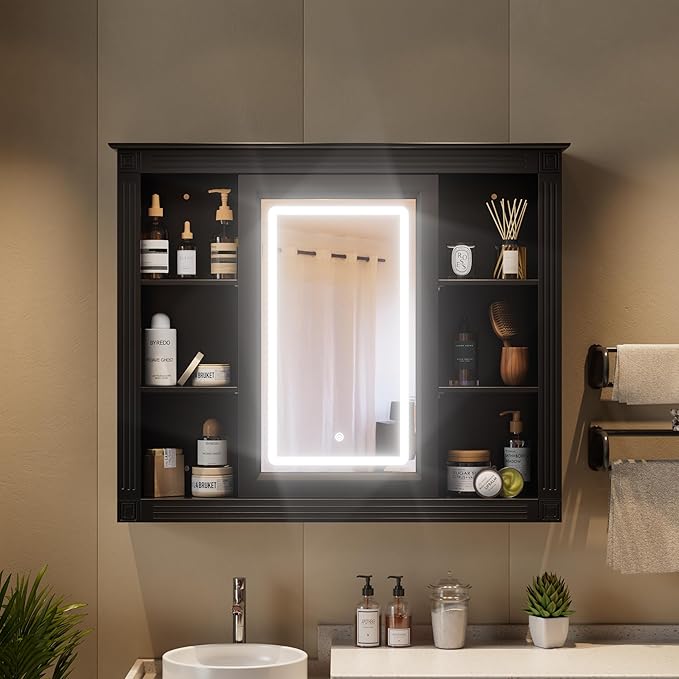 PAKASEPT Bathroom Medicine Cabinet with Mirror, Wood Medicine Cabinet Over The Toilet Storage Organizer with Mirrored Doors, Bathroom Wall Mirror Cabinet