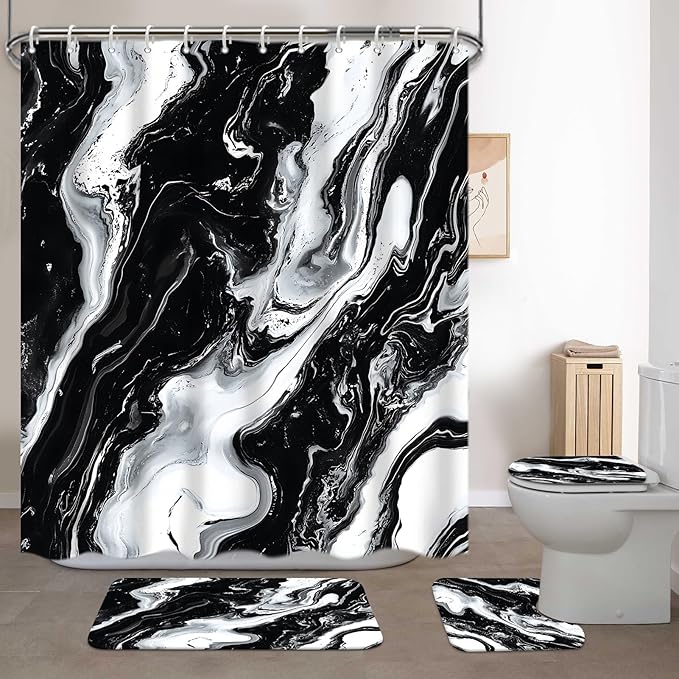 Lnond 4Pcs Marble Bathroom Sets with Shower Curtain and Rugs, Black Marble Modern Art Bathroom Shower Curtain Sets with Rugs and Accessories