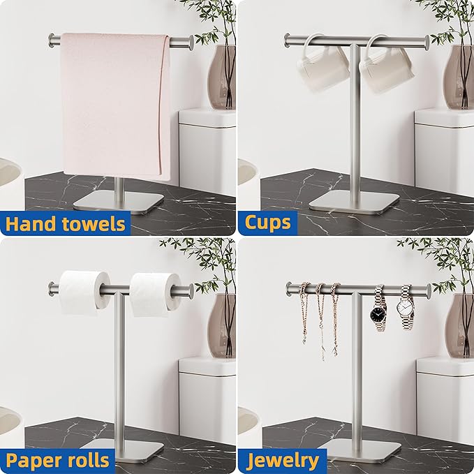 RUACQ T-Shape Hand Towel Holder Stand, 12inch Weighted Base Towel Rack, Countertop Towel Holder for Bathroom, 304 Stainless Steel, Heavy Duty (Brushed Nickel)