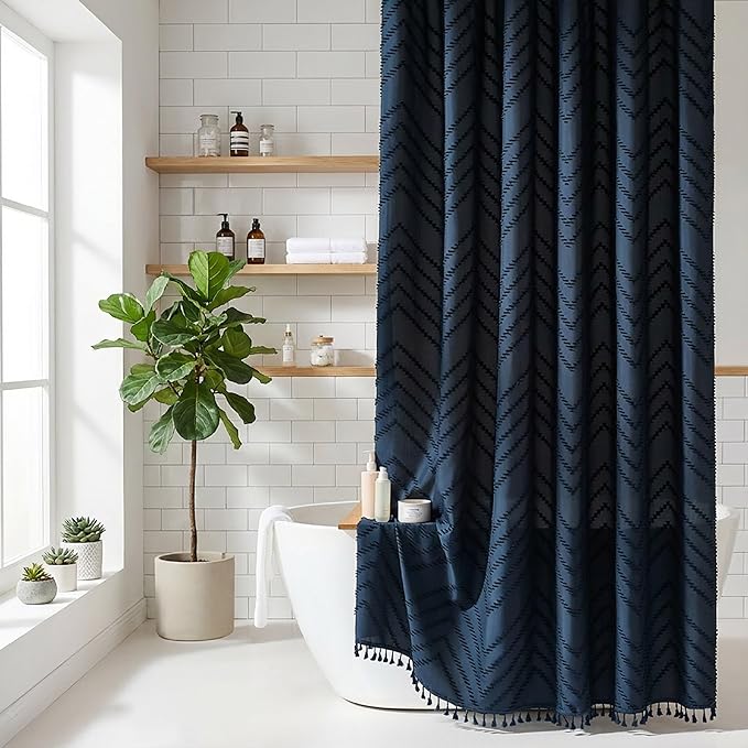 Navy Blue Shower Curtain Fabric Boho Shower Curtain Cloth Textured Tufted Chevron Elegant Shower Curtains Waterproof for Bathroom 72 x 72