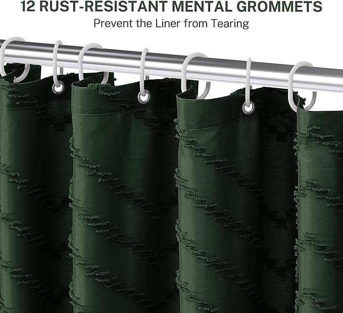 Dark Green Boho Shower Curtain with Tassel Woven Fabric Shower Curtain 72 x 72 Modern Farmhouse Textured Tufted Chevron Striped Minimalist Shower Curtains for Bathroom