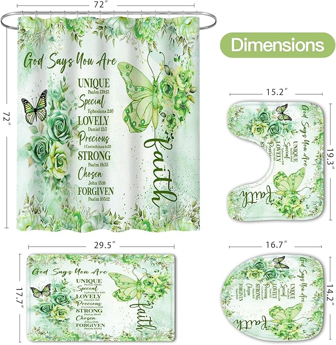 Litabel 4 Pcs Green Butterfly Inspirational Quotes Shower Curtain Set with Rugs and Toilet Lid Cover, Colorful Boho Waterproof Fabric Bathroom Set, Bible Verse Floral Bathroom Decor Set Accessories