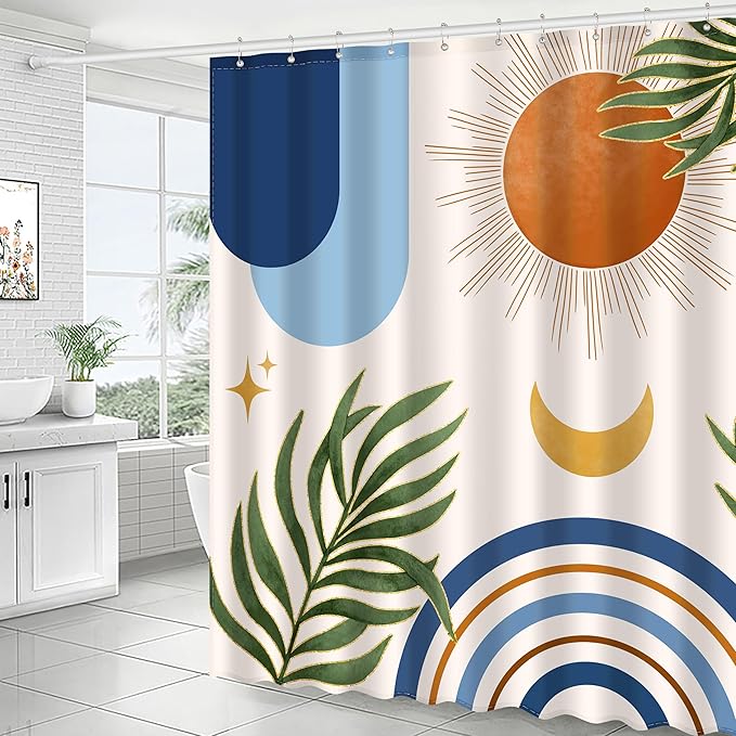 Boho Mid Century Shower Curtain, Bohemian Blue Minimalist Simple Aesthetic Modern Bathroom Decor, Colorful Rainbow Sun Moon Natural Botanical Leaves Fabric Cloth Bath Curtain 72x72 Inches