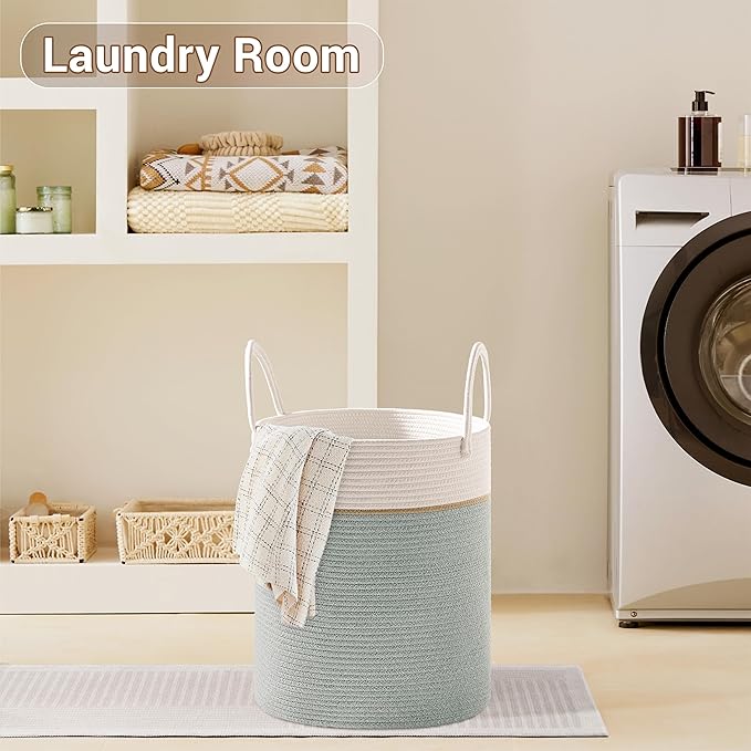 Tall Laundry Basket with Handles, 53L Portable Dirty Clothes Hamper, Boho Cotton Rope Storage Bin for Blankets Kids Toys Gifts, Decorative Organizer for Nursery Bedroom Bathroom, Sage Green